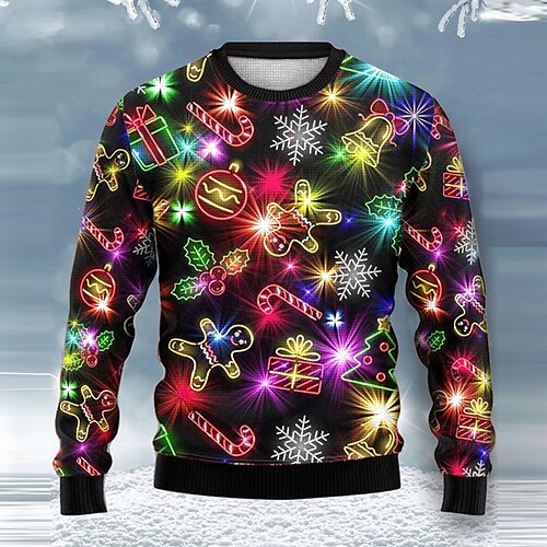 Snowflake Gingerbread Lights Rock Men's Knitting Print Ugly Christmas Sweater Pullover Sweater Jumper Knitwear Outdoor Daily Vacation Christmas Long Sleeve Crewneck Sweaters Black Army Green Blue