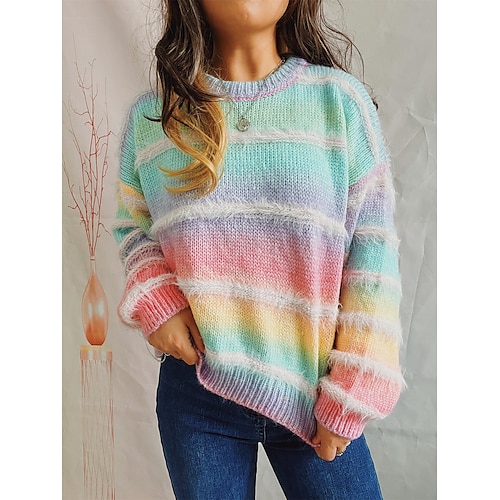 Women's Pullover Sweater Jumper Crew Neck Chunky Knit Polyester Knitted Spring Fall Winter Cropped School Home Daily Fashion Daily Long Sleeve Striped Color Gradient Yellow Blue Green S M L