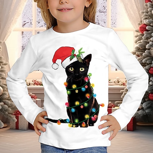 Christmas Girls' 3D Cat Tee Shirt Long Sleeve 3D Print Fall Winter Active Fashion Cute Polyester Kids 3-12 Years Crew Neck Outdoor Casual Daily Regular Fit