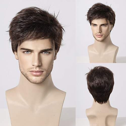 Synthetic Wig Uniforms Career Costumes Princess kinky Straight Middle Part Layered Haircut Machine Made Wig 8 inch Dark Brown#2 Synthetic Hair Men's Cosplay Party Fashion Brown
