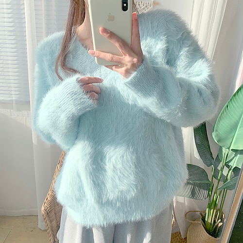 Women's Pullover Sweater Jumper V Neck Fuzzy Knit Polyester Oversized Fall Winter Regular Outdoor Daily Going out Stylish Casual Soft Long Sleeve Solid Color White Yellow Pink One-Size