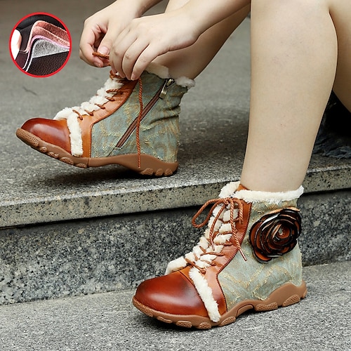 Women's Boots Winter Boots Handmade Shoes Daily Booties Ankle Boots Zipper Flower Hidden Heel Round Toe Vintage Casual Comfort Leather Denim Zipper Color Block Brown