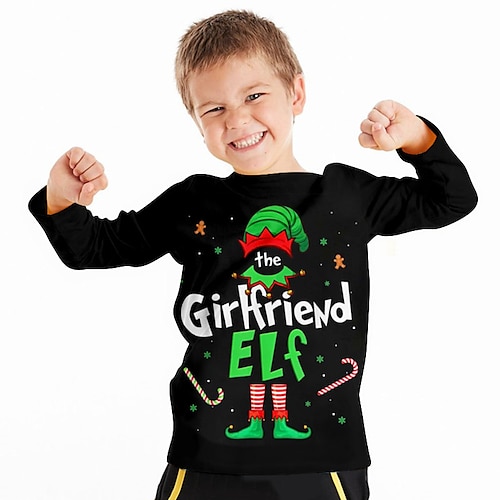 Christmas Boys 3D Letter Elf Tee Shirt Long Sleeve 3D Print Fall Winter Sports Fashion Streetwear Polyester Kids 3-12 Years Crew Neck Outdoor Casual Daily Regular Fit