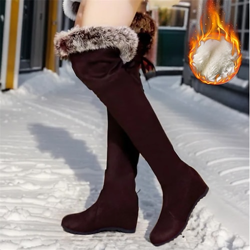 Women's Boots Suede Shoes Plus Size Height Increasing Shoes Outdoor Work Daily Fleece Lined Over The Knee Boots Winter Wedge Heel Hidden Heel Round Toe Elegant Fashion Plush Faux Suede Loafer Solid
