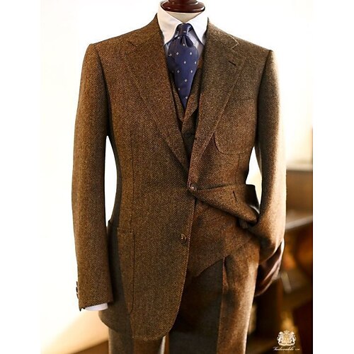 Brown Men's Wedding Tweed Suits Herringbone 3 Piece Retro Vintage Plus Size Single Breasted Two-buttons 2023