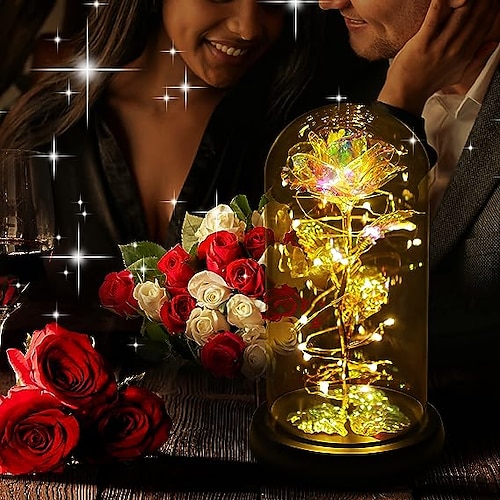 Galaxy Rose Valentines Gifts for Women Wife Girlfriend, Light Up Led Glass Rose Flower Birthday, Indoor Decorations for Valentines, Birthday, Anniversary, Party (Rose with Leaf)