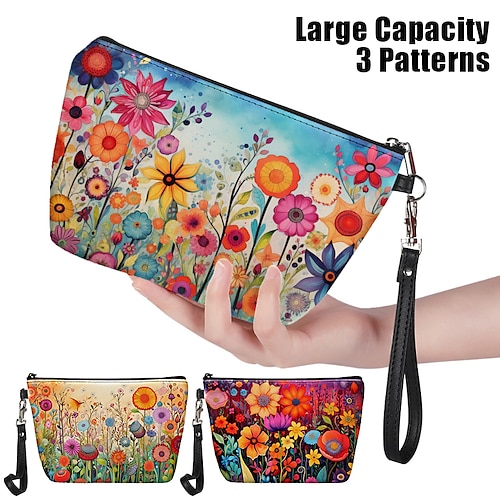 Women's Makeup Bag Wristlet Cosmetic Bag PU Leather Party Holiday Travel Print Pen Bag Large Capacity Foldable Lightweight Flower Light Yellow Dark Red Blue
