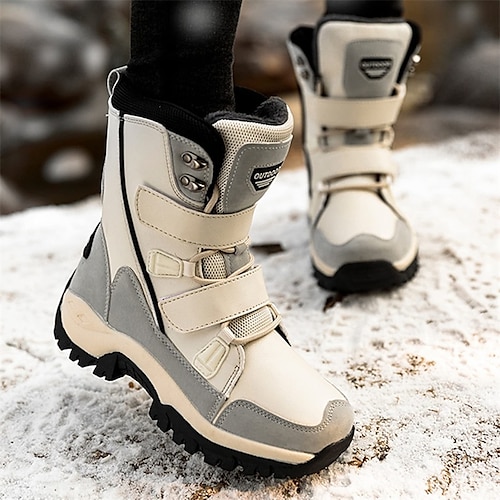 Women's Boots Snow Boots Plus Size Daily Fleece Lined Booties Ankle Boots Lace-up Flat Heel Round Toe Casual Comfort PU Magic Tape Solid Color Black Beige