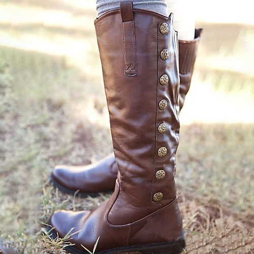 Women's Boots Motorcycle Boots Button Boots Plus Size Outdoor Daily Knee High Boots Winter Lace-up Flat Heel Round Toe Vintage Casual Minimalism Faux Leather PU Zipper Solid Color Black Brown
