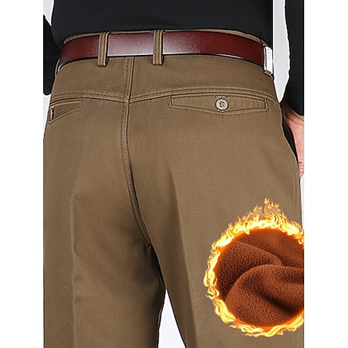 Men's Fleece Pants Trousers Chinos Chino Pants Pocket Plain Comfort Breathable Outdoor Daily Going out 100% Cotton Fashion Casual Dark Khaki Black