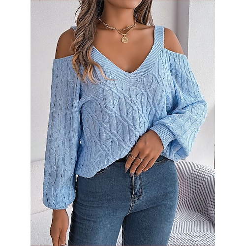 Women's Pullover Sweater Jumper V Neck Cable Knit Acrylic Cold Shoulder Fall Winter Regular Outdoor Daily Date Stylish Casual Soft Long Sleeve Solid Color White Khaki Light Blue S M L