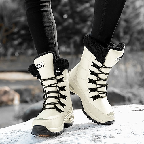 Women's Boots Snow Boots Plus Size Winter Boots Outdoor Daily Fleece Lined Mid Calf Boots Platform Flat Heel Round Toe Vintage Plush Classic PU Lace-up Solid Color Black White Red