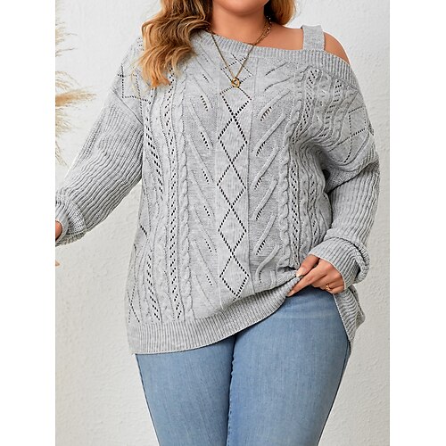 Women's Pullover Sweater Jumper V Neck Cable Knit Acrylic Cold Shoulder Fall Winter Regular Outdoor Daily Going out Stylish Casual Soft Long Sleeve Solid Color Gray XL XXL 3XL