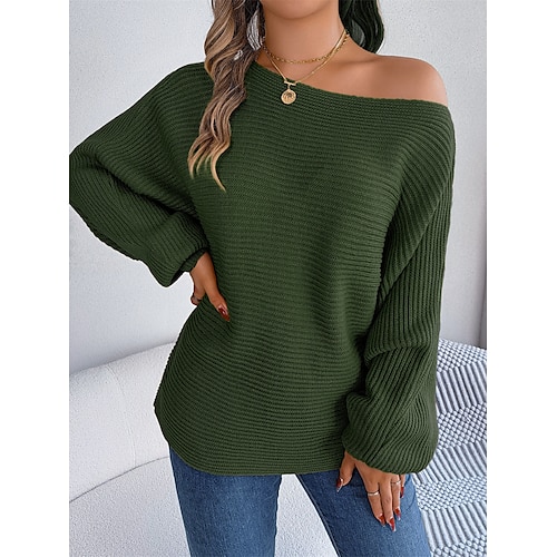 Women's Pullover Sweater Jumper One Shoulder Ribbed Knit Acrylic Oversized Fall Winter Regular Outdoor Daily Going out Stylish Casual Soft Long Sleeve Solid Color White Army Green Khaki S M L