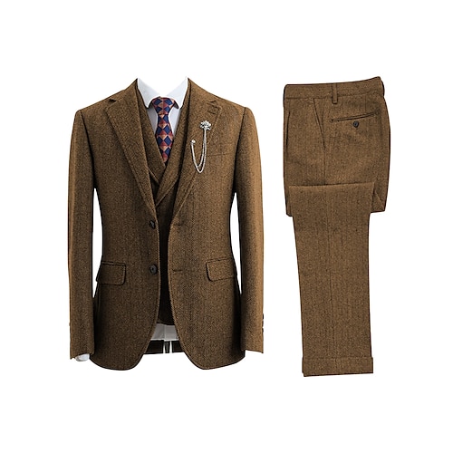 Men's Wedding Tweed Suits Herringbone 3 Piece Plus Size Retro Vintage Tailored Fit Single Breasted Two-buttons Khaki Red Dark Green 2023