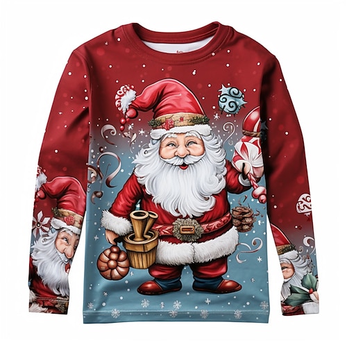 Christmas Boys 3D Santa Claus Tee Shirt Long Sleeve 3D Print Fall Winter Sports Fashion Streetwear Polyester Kids 3-12 Years Crew Neck Outdoor Casual Daily Regular Fit