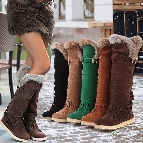 Women's Boots Snow Boots Plus Size Winter Boots Party Outdoor Daily Fleece Lined Knee High Boots Flat Heel Round Toe Vintage Fashion Plush Suede Lace-up Solid Color Dark Brown Black Brown