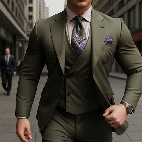 Dark Green Army Green Men's Wedding Suits Solid Colored 3 Piece Slim Fit Single Breasted Two-buttons 2023