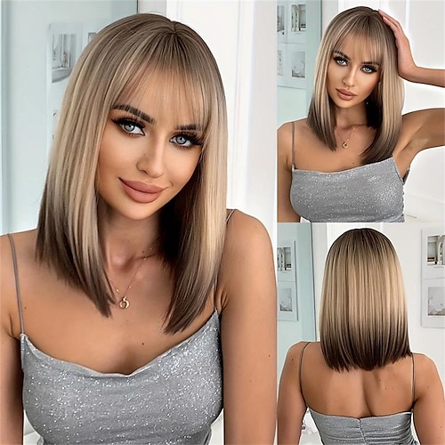 16 Inch Long Straight Hair Wigs With Bangs Ombre Color Synthetic  Lace Hair Wigs For Women