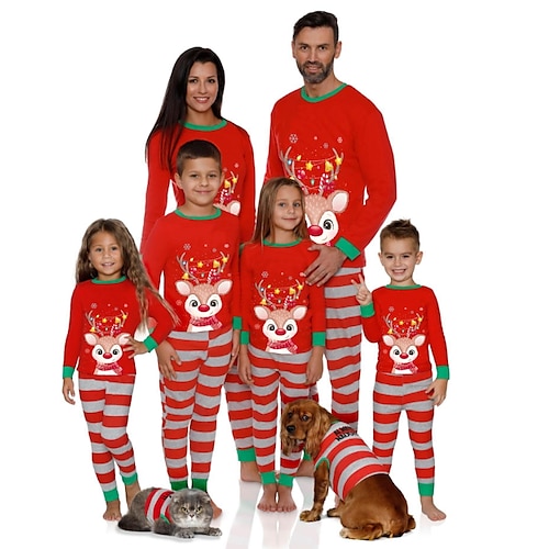 Family Christmas Pajamas Animal Home Print Red Long Sleeve Mommy And Me Outfits Active Matching Outfits