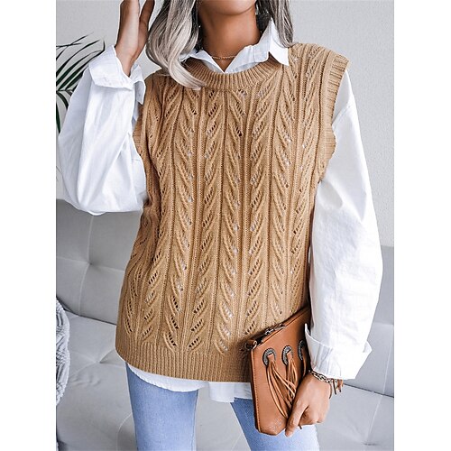 Women's Sweater Vest Crew Neck Ribbed Knit Acrylic Hollow Out Fall Winter Regular Outdoor Daily Date Stylish Casual Soft Sleeveless Solid Color White Khaki Gray S M L