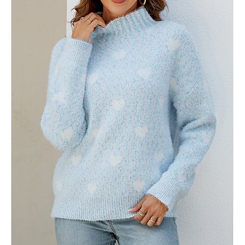 Women's Pullover Sweater Jumper Stand Collar Ribbed Knit Polyester Patchwork Fall Winter Regular Outdoor Daily Going out Stylish Casual Soft Long Sleeve Heart Pink Blue Khaki S M L