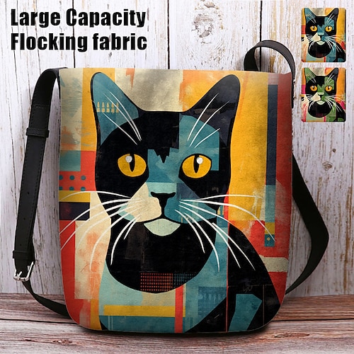 Women's Crossbody Bag Shoulder Bag Fluffy Bag Polyester Outdoor Daily Holiday Print Large Capacity Lightweight Durable Cat Character Blue Green