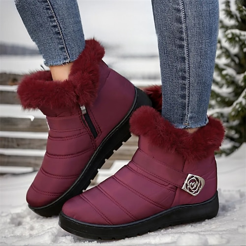 Women's Boots Snow Boots Waterproof Boots Soft Shoes Daily Booties Ankle Boots Flat Heel Round Toe Plush Comfort Minimalism PU Loafer Solid Color Black Red Blue