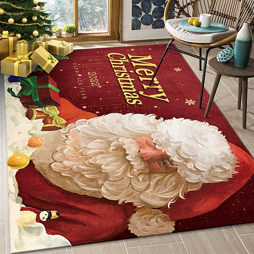 Christmas Area Rug Doormat Red Rug Xmas Santa Claus Modern Rug Kitchen Rug Washable Rug Non Slip Moroccan Carpet Holiday Decor Geometric Soft Accent Rug for Bathroom Bedroom Dining Room Living Room