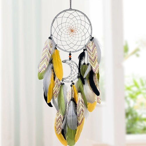 Moon Dream Catcher Handmade Gift Feather Hook Flower Wind Chime with Two Circles Ornament Wall Hanging Decor Art Boho Style