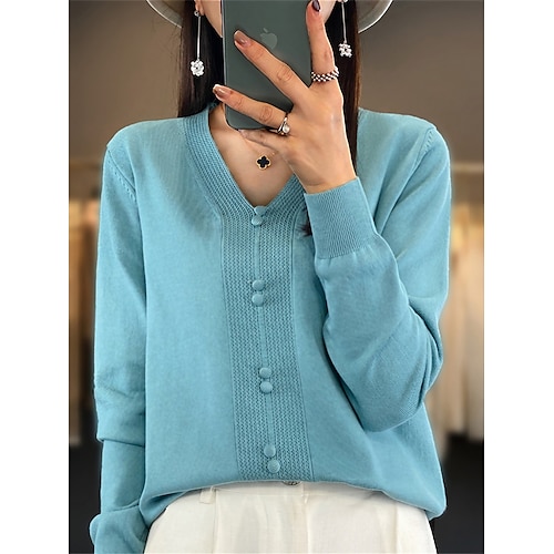 Women's Pullover Sweater Jumper V Neck Ribbed Knit Polyester Oversized Fall Winter Regular Outdoor Daily Going out Stylish Casual Soft Long Sleeve Solid Color Black Pink Wine M L XL