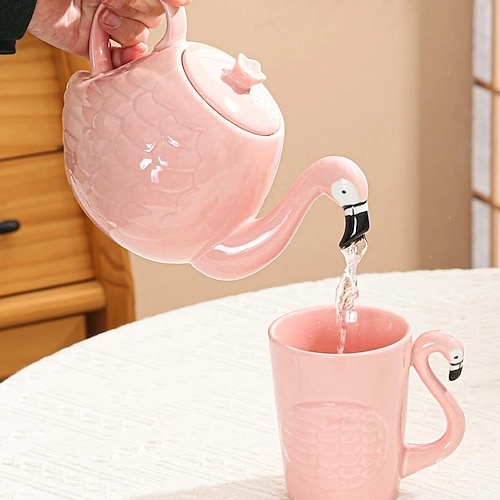 Flamingo Teapot - Ceramic Flower Pot for Tea, Coffee, and Water - White Bone China Gift for Tea Tasting and Gifting