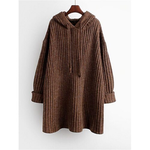 Women's Pullover Sweater Jumper Hooded Ribbed Knit Polyester Oversized Fall Winter Regular Outdoor Daily Going out Stylish Casual Soft Long Sleeve Solid Color Khaki Dark Gray L XL 2XL
