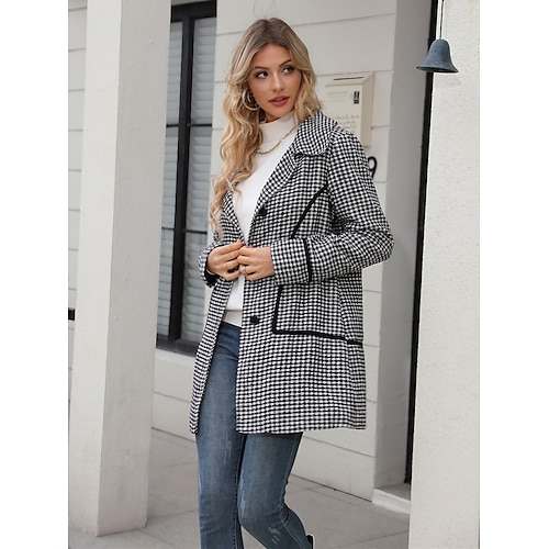 Women's Coat Work Street Daily Fall Winter Coat Regular Fit Warm Breathable Comtemporary Stylish Casual Jacket Long Sleeve Stripes and Plaid with Pockets Print Black
