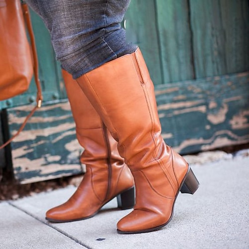 Women's Boots Wide Calf Boots Plus Size Heel Boots Outdoor Daily Knee High Boots Chunky Heel Round Toe Elegant Vacation Vintage PU Zipper Solid Color Brown