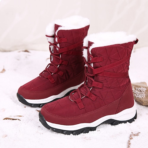 Women's Boots Snow Boots Plus Size Daily Fleece Lined Booties Ankle Boots Flat Heel Round Toe Casual Comfort PU Lace-up Solid Color Black White Burgundy