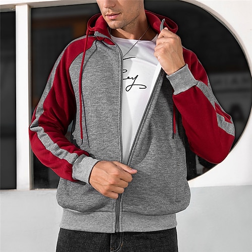Men's Hoodie Full Zip Hoodie Army Green Red Navy Blue Dark Gray Gray Hooded Color Block Patchwork Sports  Outdoor Daily Holiday Streetwear Cool Casual Spring   Fall Clothing Apparel Hoodies