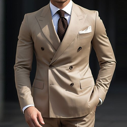 Light Khaki Men's Wedding Suits Solid Colored 2 Piece Plus Size Daily Tailored Fit Double Breasted Six-buttons 2023