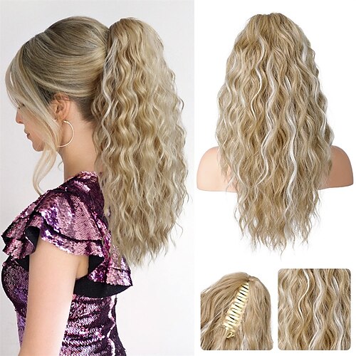 Ponytail Extension 18 Inch Claw Clip Ponytail Extension for Women Long Curly Wavy Synthetic Hairpiece for Daily Use - Chocolate Brown with Blonde Highlights