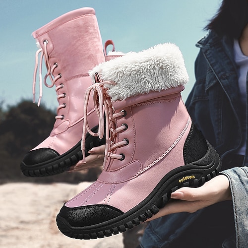 Women's Boots Snow Boots Plus Size Waterproof Boots Daily Fleece Lined Booties Ankle Boots Flat Heel Round Toe Casual Comfort PU Elastic Band Solid Color Black Pink Beige