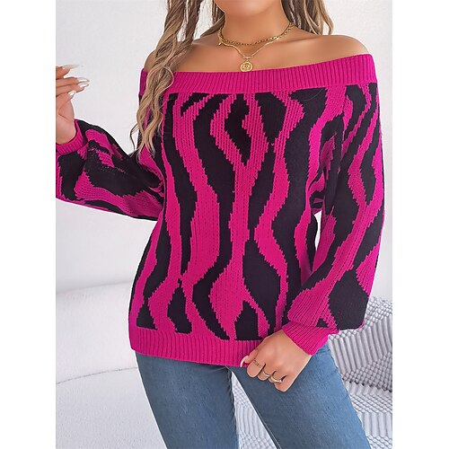 Women's Pullover Sweater Jumper Off Shoulder Ribbed Knit Acrylic Patchwork Off Shoulder Fall Winter Regular Outdoor Daily Going out Stylish Casual Soft Long Sleeve Color Block Army Green Fuchsia Khaki