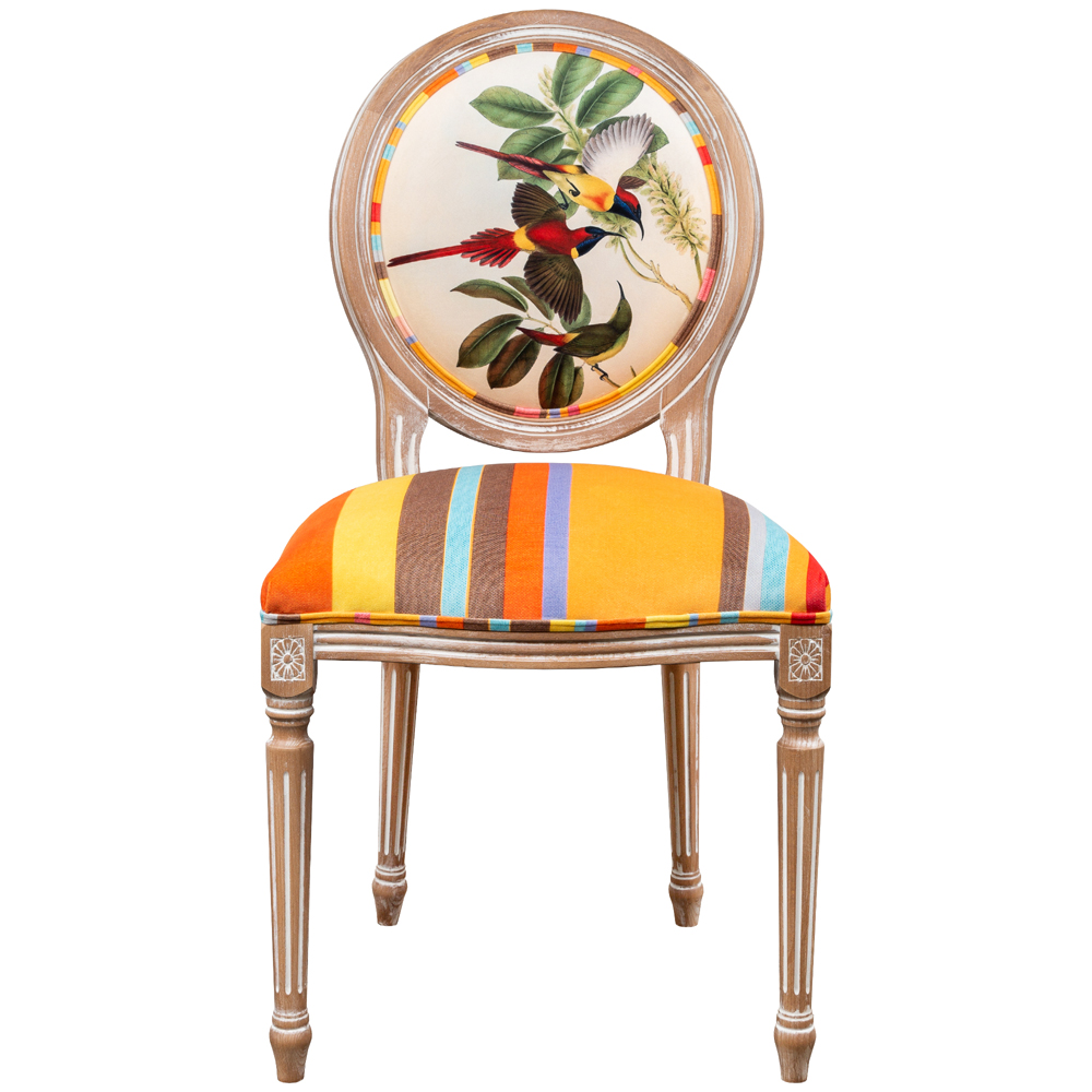 Стулья  Loft Concept Стул бежевый в разноцветную полоску из натурального бука с изображением птиц и цветов Blooming Yellow Red Birds Colorful Stripes Chair