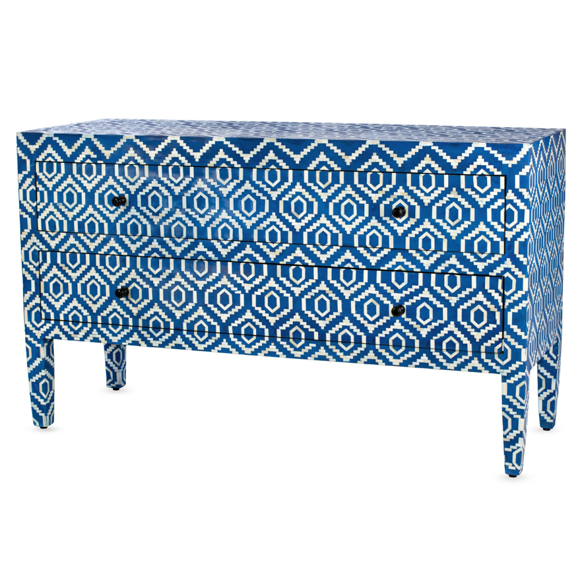 Комод синий отделка кость Bone Inlay Long 2 Drawer Chest - Ikat