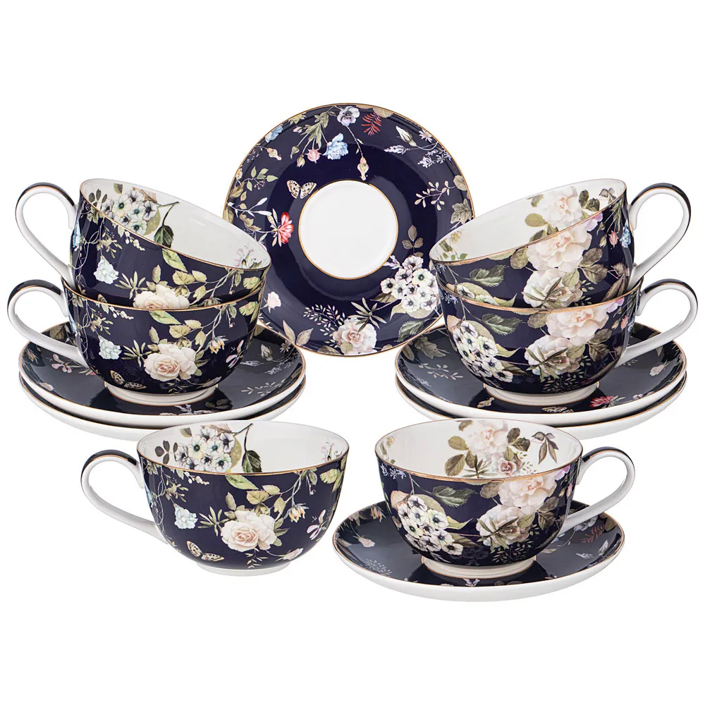 Чайный набор из фарфора темно-синий с рисунком цветов 300 мл Garden Whisper Porcelain Set