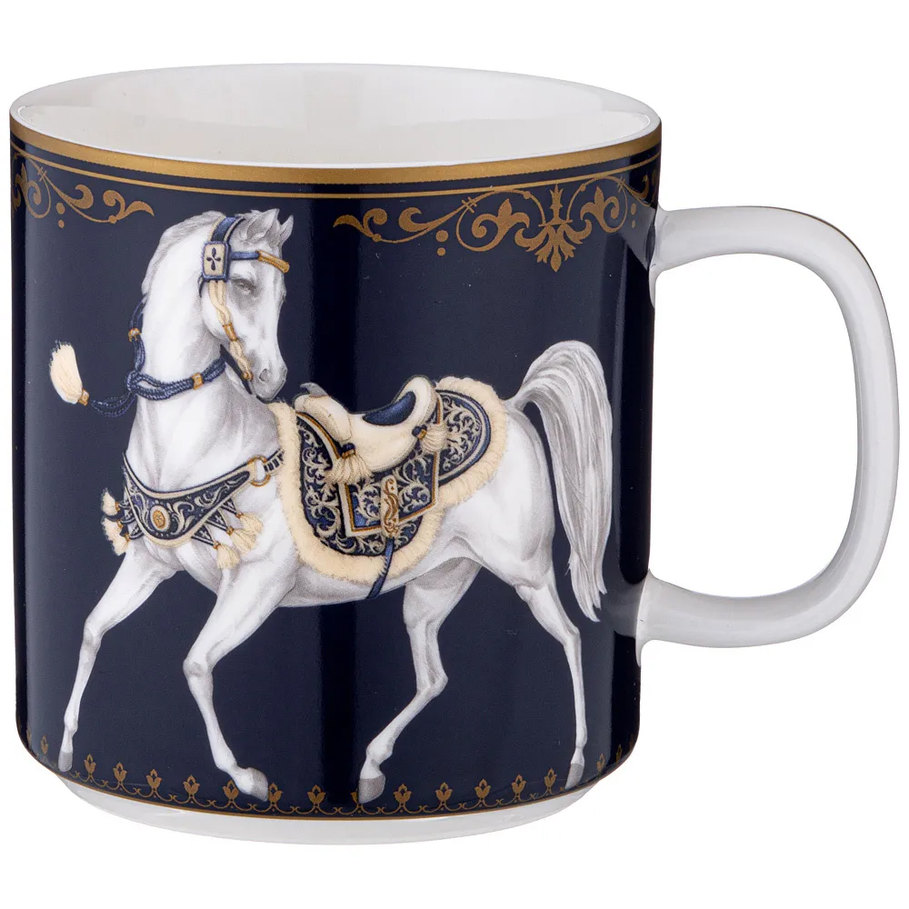  Кружка из фарфора синяя с изображением лошадей 400 мл Porcelain Horse Set