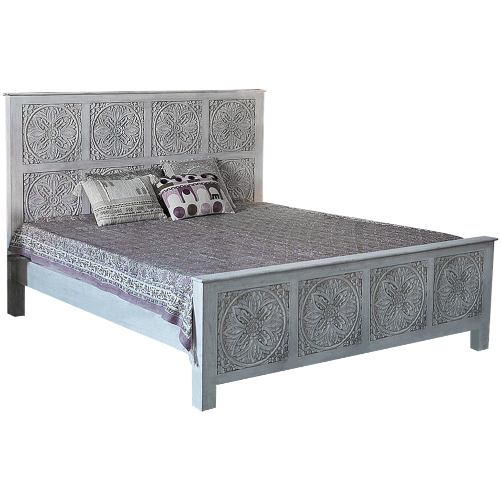   Loft Concept Двуспальная кровать из массива манго с резьбой Floro Grey Mango Bed