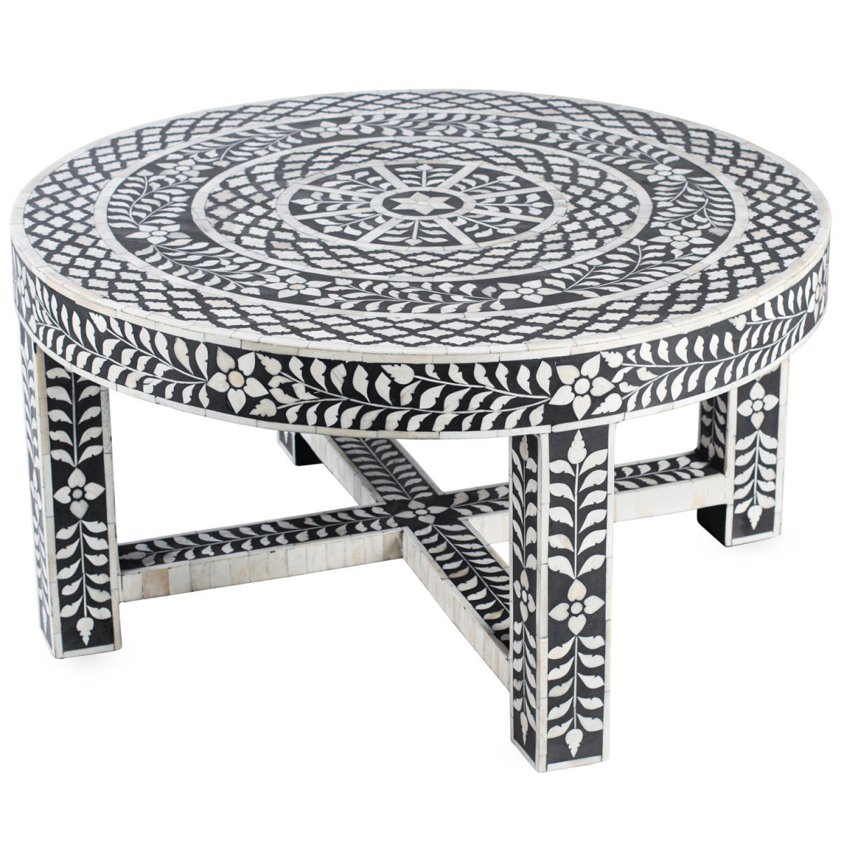 Стол кофейный черно-белый орнамент BONE INLAY ROUND COFFEE TABLE