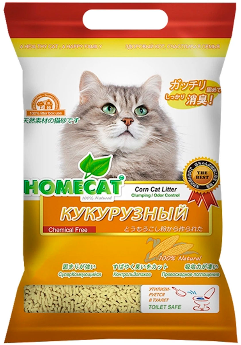 Homecat эколайн кукурузный наполнитель комкующийся для туалета кошек (6 л)