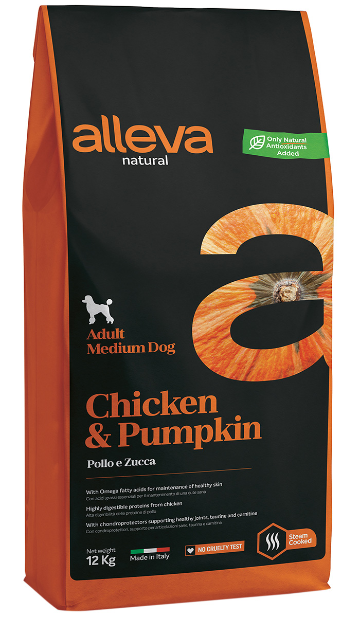   Магизоо Alleva Natural Adult Dog Medium Chicken & Pumpkin низкозерновой для взрослых собак средних пород с курицей и тыквой (12 кг)