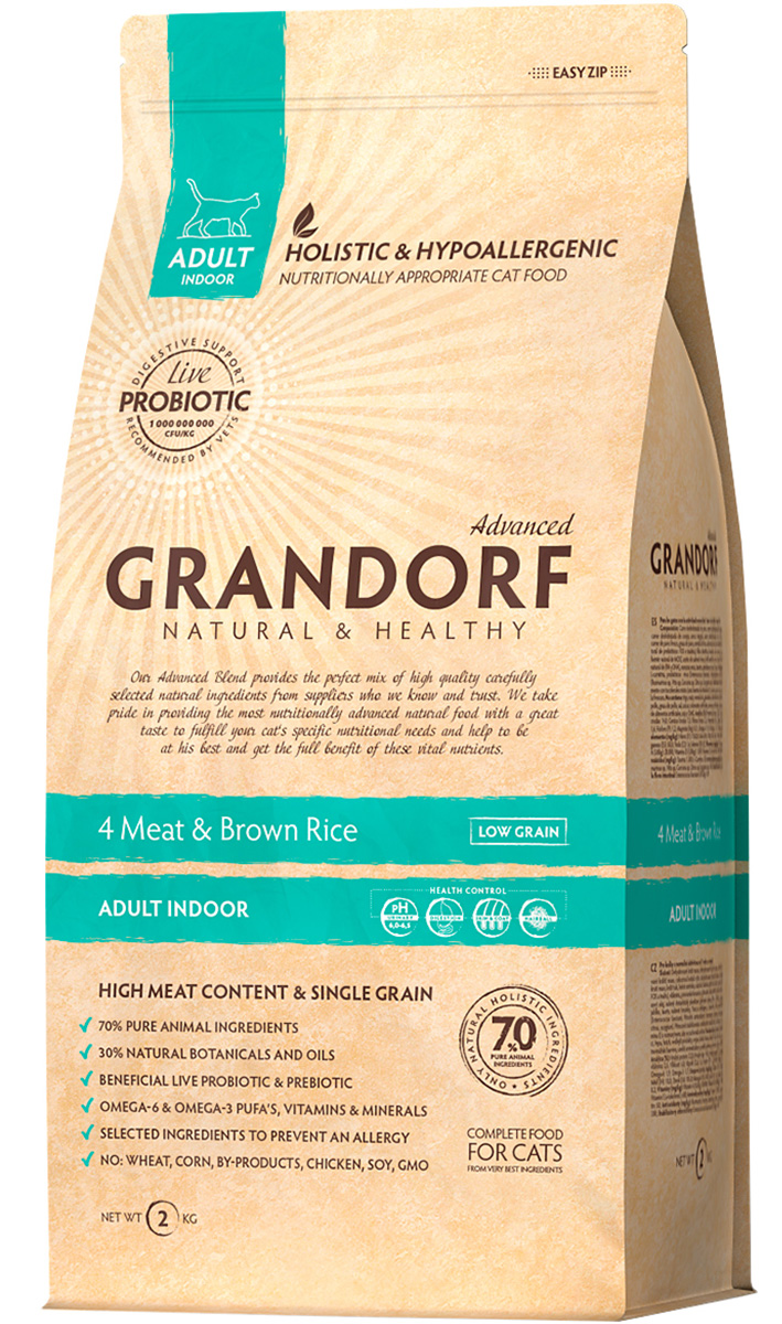  Grandorf Cat Living Probiotics 4 Meat & Rice Indoor низкозерновой с живыми пробиотиками для взрослых кошек живущих дома с мясом и рисом (0,4 кг)